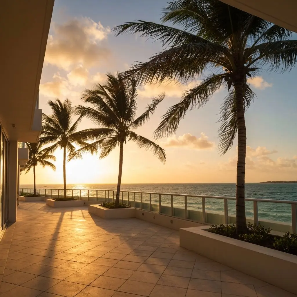 Miami waterfront terrace at golden hour